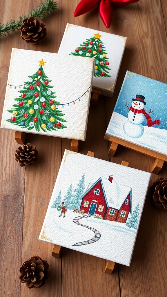 Small Christmas canvas paintings of a tree, snowman, and winter cabin on a wooden table with festive decorations.
